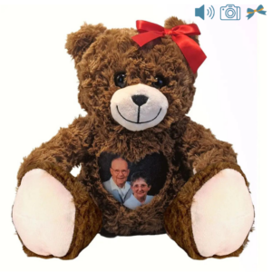 brown photo and audio bear with bow