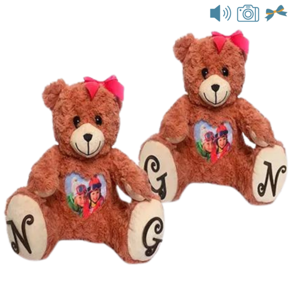 two pink photo and audio bears with bows and foot decals