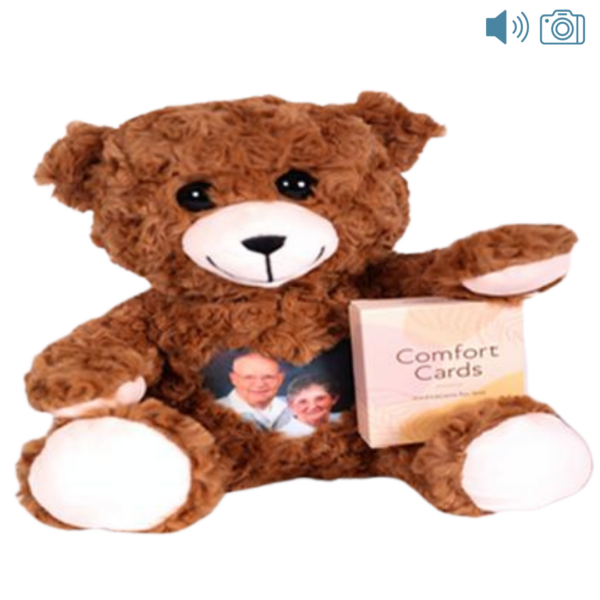 brown photo and audio bear with comfort cards