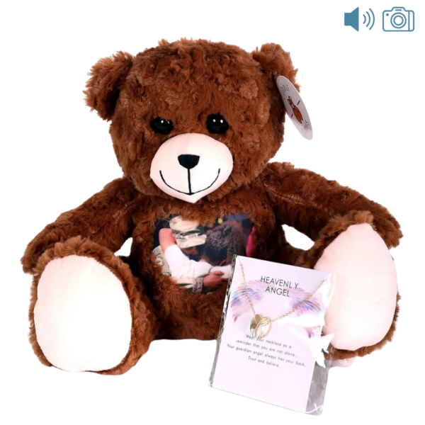 brown photo and audio bear with angel wing necklace