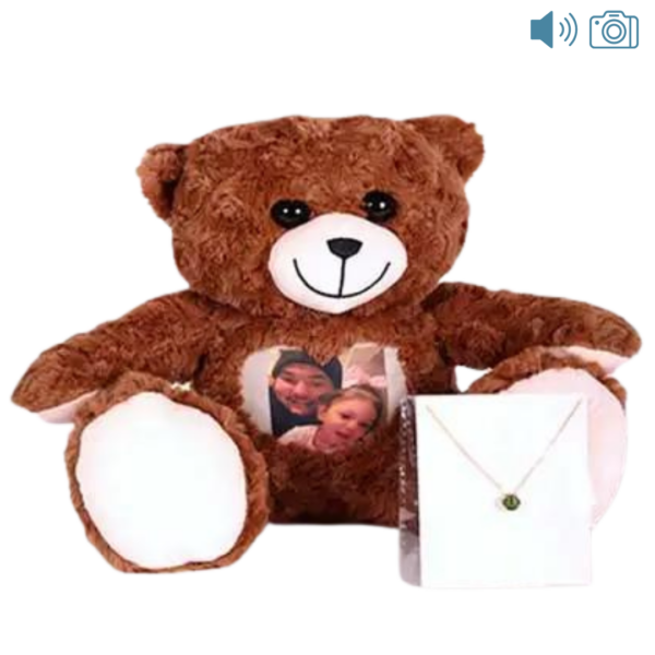 brown photo and audio bear with zodiac necklace