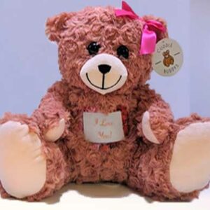 A photo of a bear with "I love you" stamped on the stomach and a pink bow.