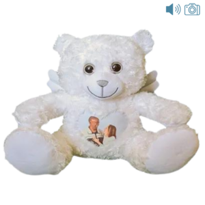 white photo and audio bear with angel wings