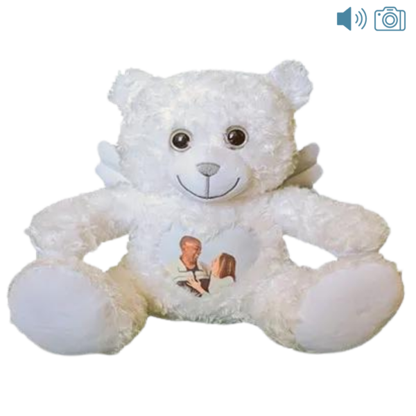 white photo and audio bear with angel wings