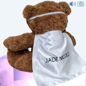 photo and audio bear with custom cape and hero mask