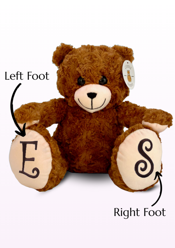 Placement instructions. When looking at the front of the bear the foot on the left is where the left decal will be placed.