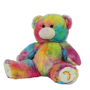 A rainbow colored stuffed bear.
