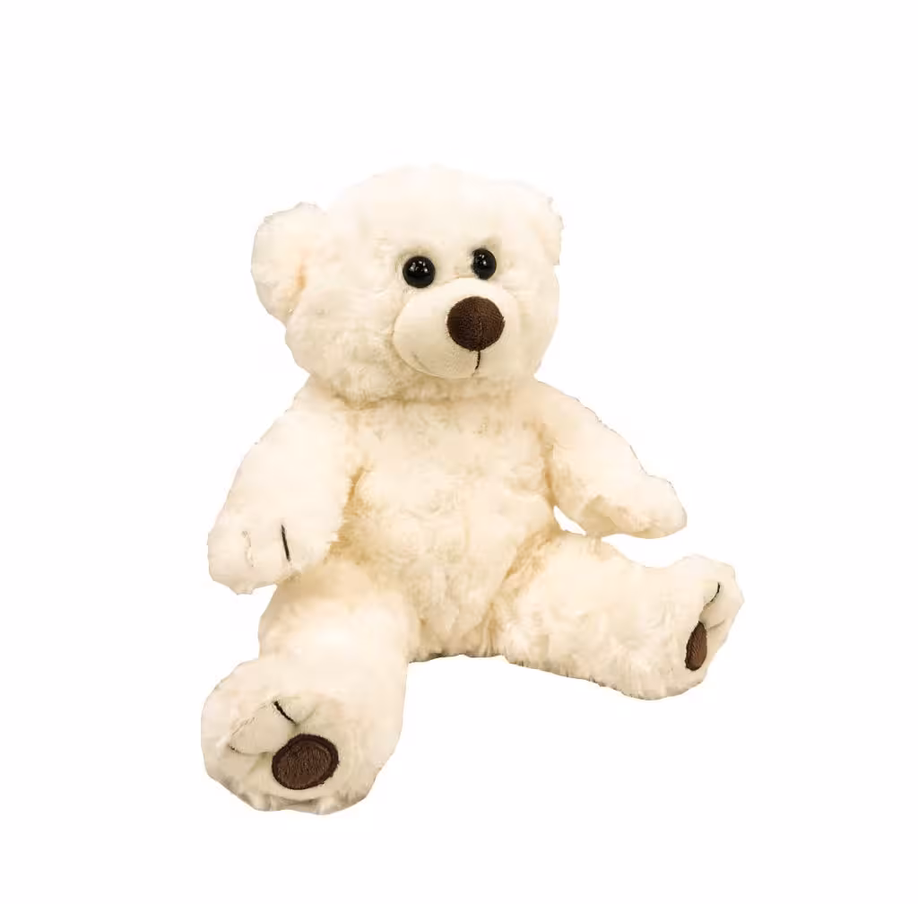 White Little Comfort Bear cuddle buddy sitting, showing its soft swirled fur, small size, and gentle embroidered face, perfect for comforting snuggles and memory gifts.