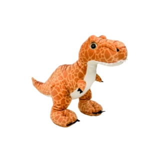 A dinosaur plushie with orange scales and a white belly.