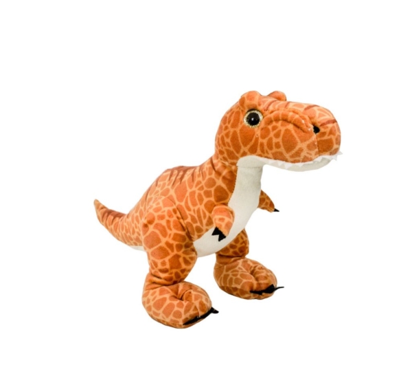 A dinosaur plushie with orange scales and a white belly.