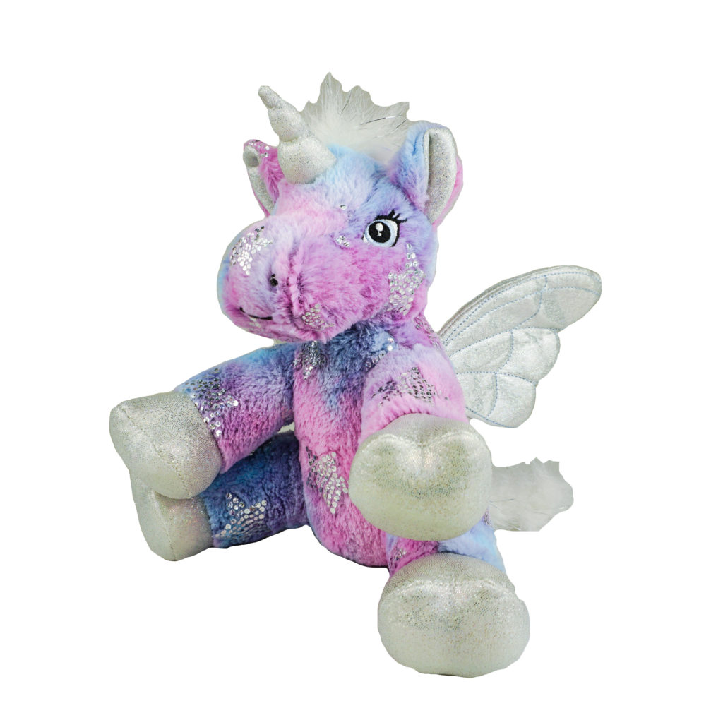 A picture of a stuffed glimmering unicorn against a white background.