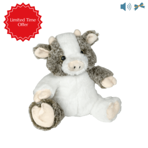 A picture of a grey and white cow stuffie on a white background. There are two icons in the upper right corner, an audio icon and a bow icon. There is a Limited Time Offer banner in the upper left corner.