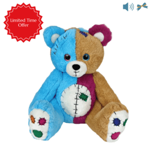 A picture of a teddy bear with blue and white patches on one side and red and a brown patches on the other side against a white background. There are two icons in the upper right corner, an audio icon and a bow icon. There is a Limited Time Offer banner in the upper left corner.